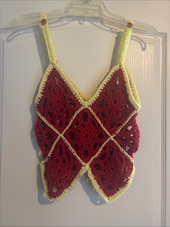 Tops - Handmade Red Crochet Diamond-Panel Tank Top with Yellow Trim